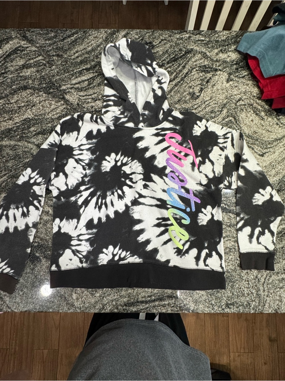 Justice Black & White Tie-Dye Hoodie with Rainbow Script